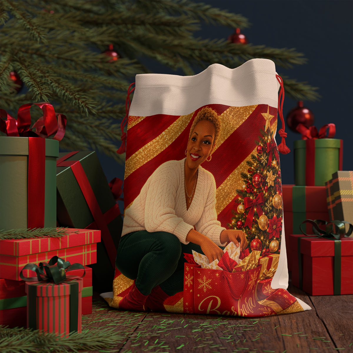 Personalized Christmas Gift Bag with Animated Likeness & Name – Custom Santa Sack for Family Holiday Gifts