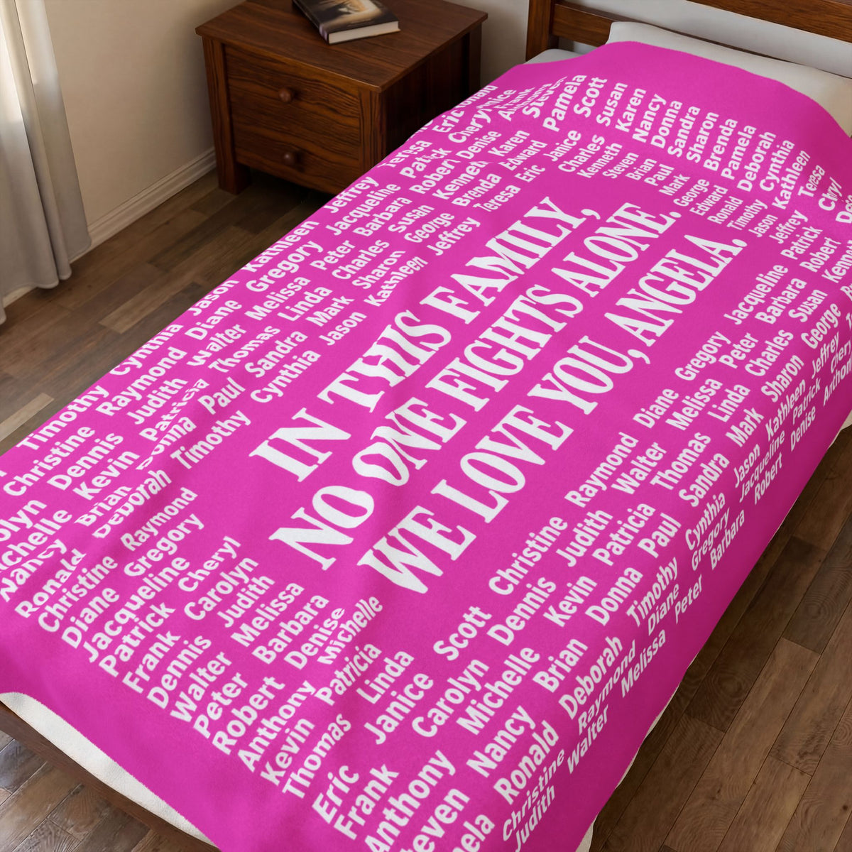 Personalized Memorial Family Names Throw -  (“In This Family No One Fights Alone, We Love You, Angel”)