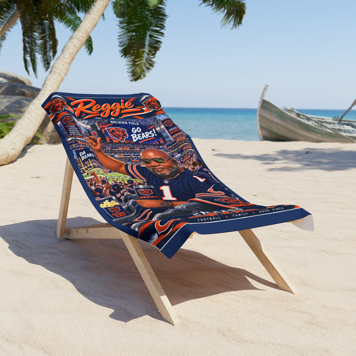 Copy of Personalized 'Reggie' Sunset Beach Towel — Miami Skyline, Palm Vibes & 'Higher Thoughts' Quote