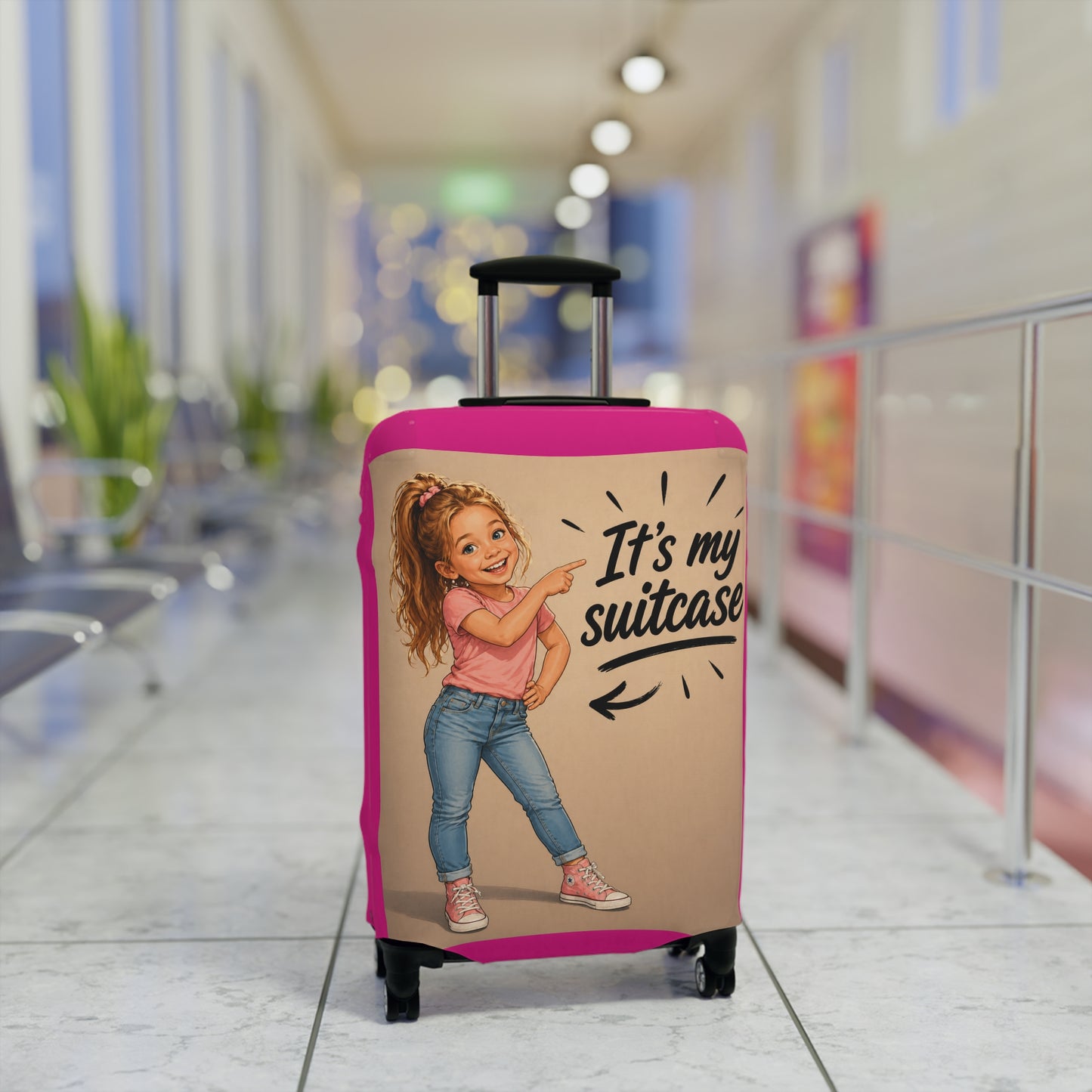 Personalized Child's Luggage Cover — Pink, Your likeness  "It's My Suitcase" Kids Travel Protector