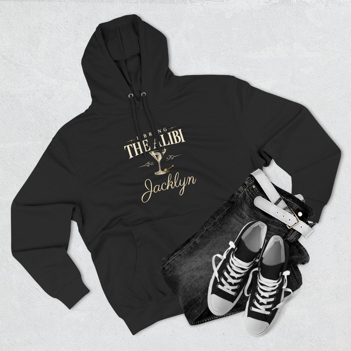 Couples hoodie "Bring the Charm, Bring the Alibi" - Personalize it with your name