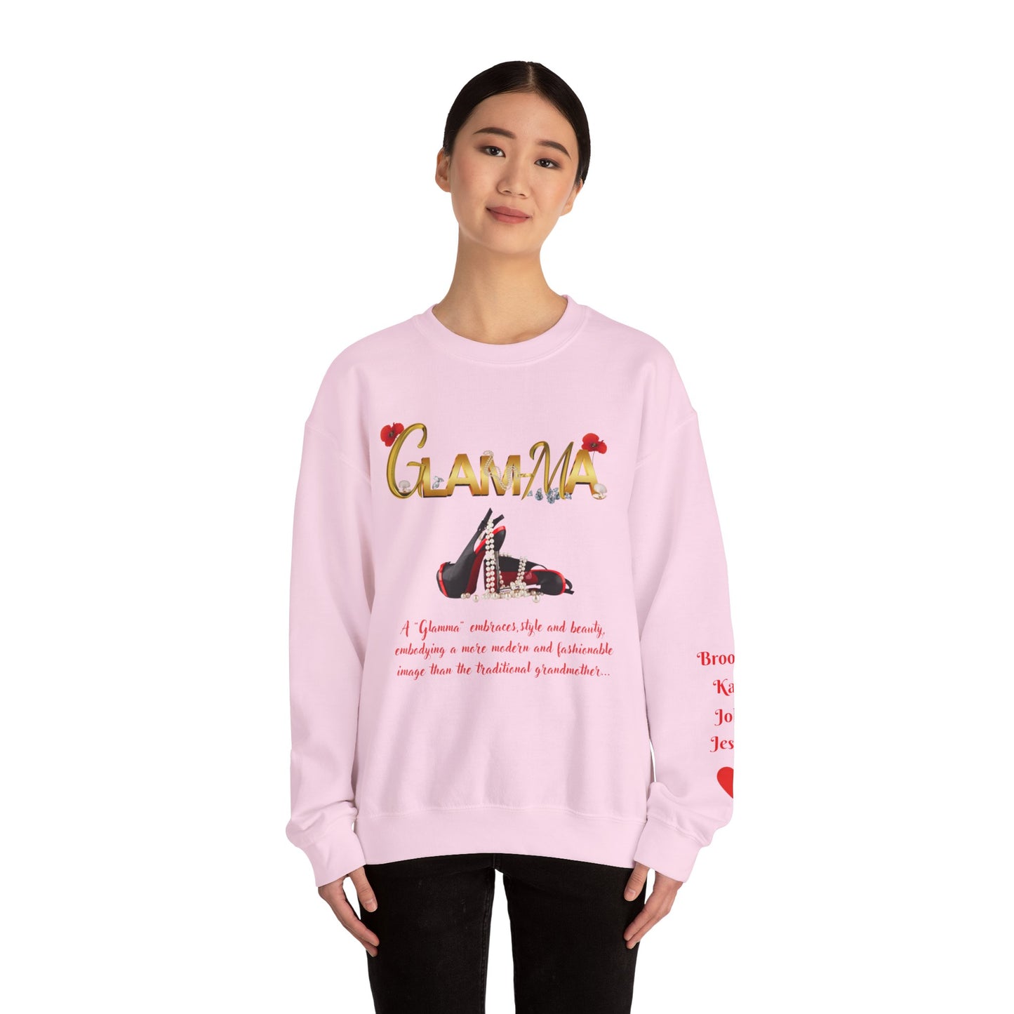 Glamma Graphic Sweatshirt – 'GLAMMA' Gold Script with Heels & Red Heart Sleeve Design