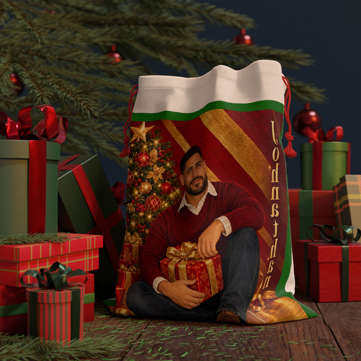 Personalized Christmas Gift Bag with Animated Likeness & Name – Custom Santa Sack for Family Holiday Gifts