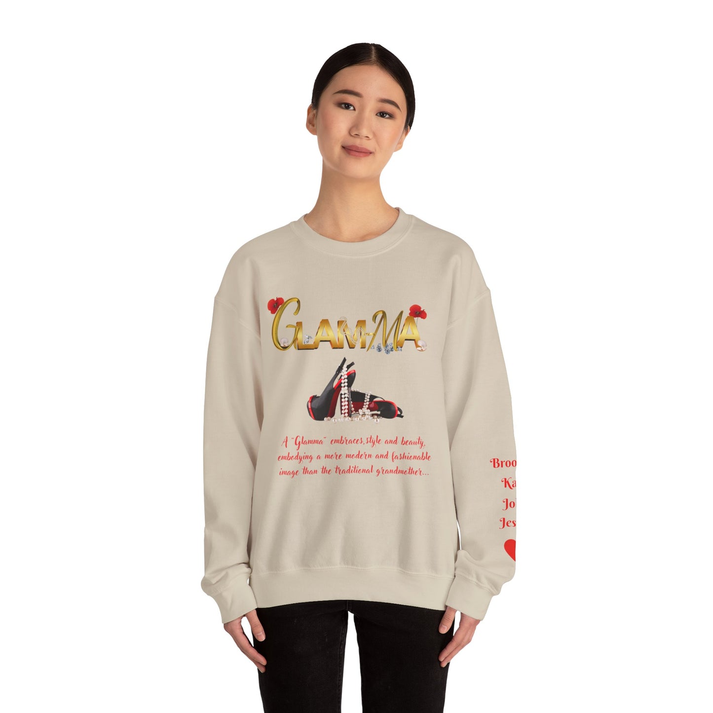 Glamma Graphic Sweatshirt – 'GLAMMA' Gold Script with Heels & Red Heart Sleeve Design
