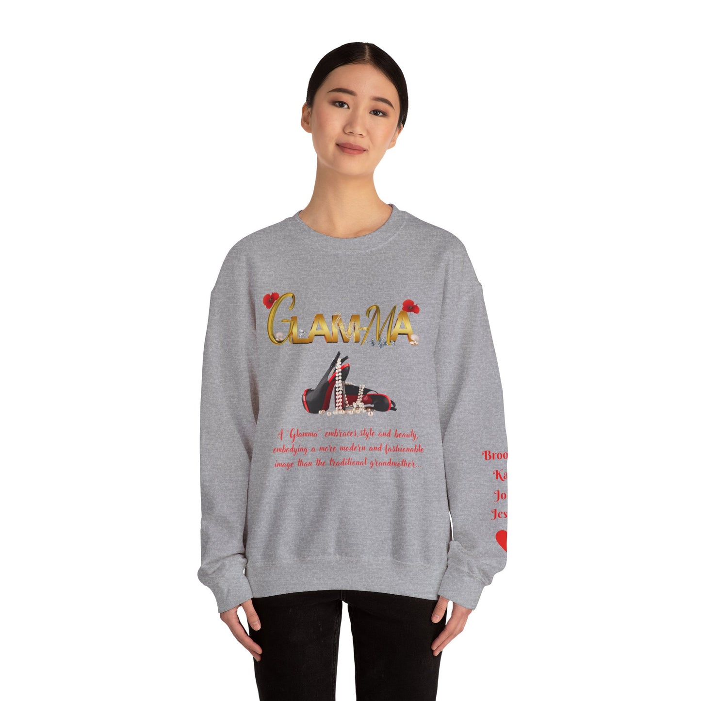 Glamma Graphic Sweatshirt – 'GLAMMA' Gold Script with Heels & Red Heart Sleeve Design