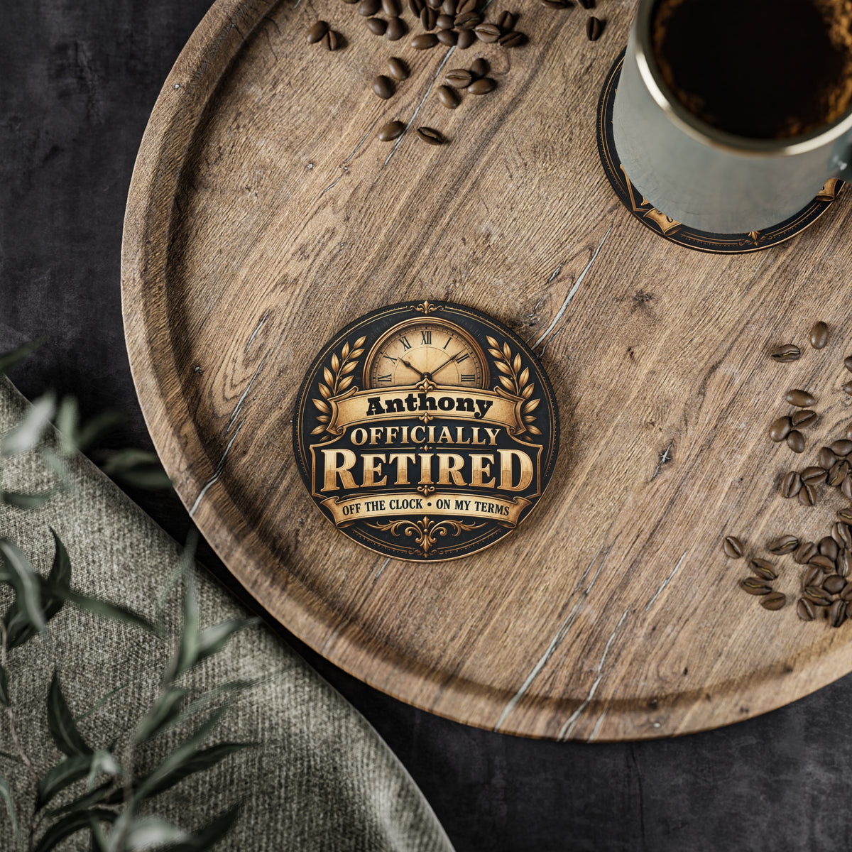 Anthony Officially Retired Coaster – Retirement Gift for Dad, Husband or Coworker