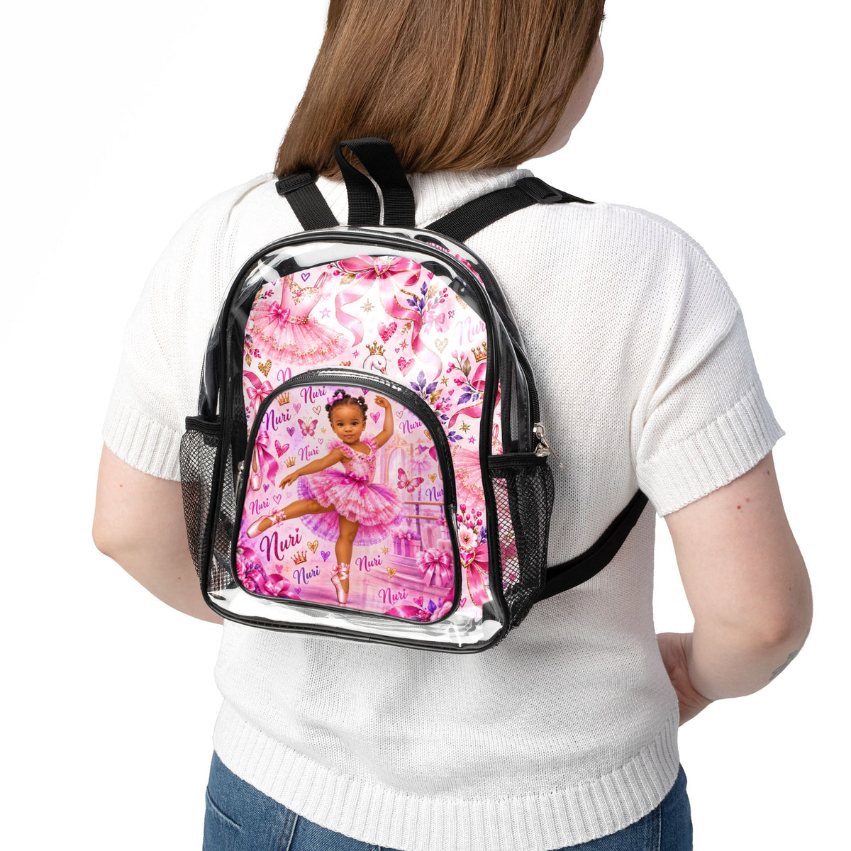 Personalized Pink Ballet Girl Clear Backpack - Name and likeness