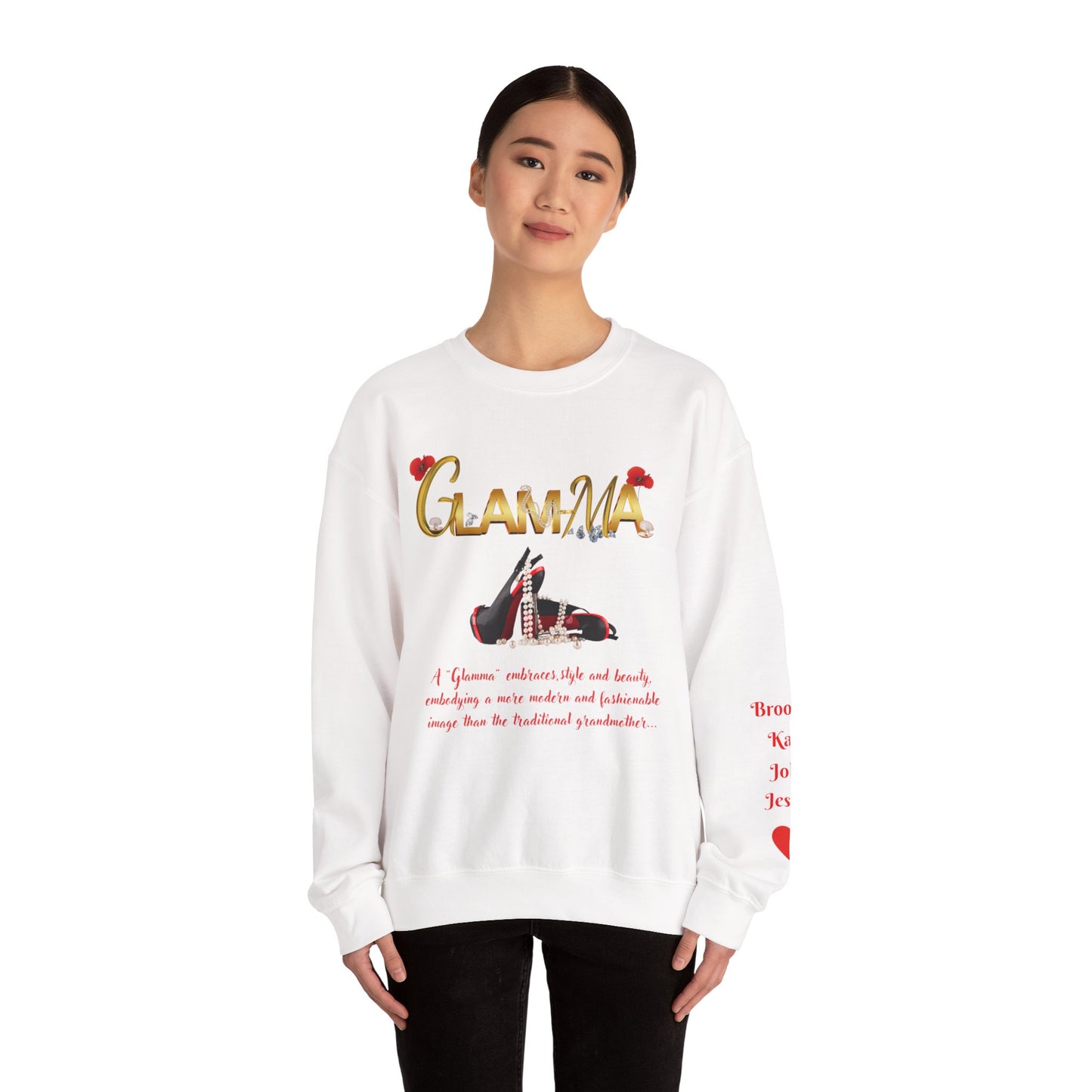 Glamma Graphic Sweatshirt – 'GLAMMA' Gold Script with Heels & Red Heart Sleeve Design