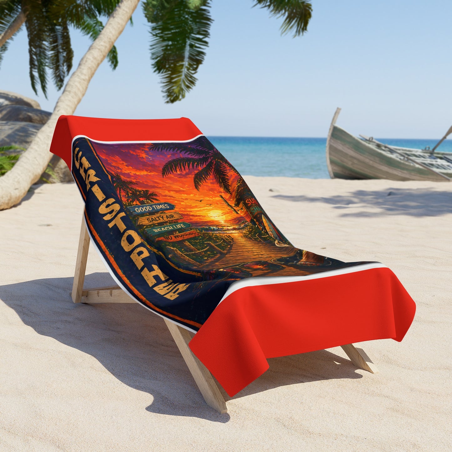 Personalized Beach Towel for HIM— Retro Tropical Shell & Palm Design