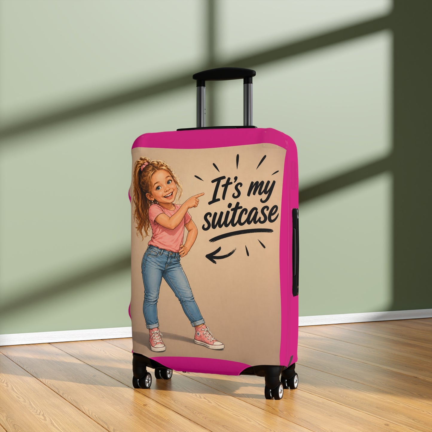 Personalized Child's Luggage Cover — Pink, Your likeness  "It's My Suitcase" Kids Travel Protector