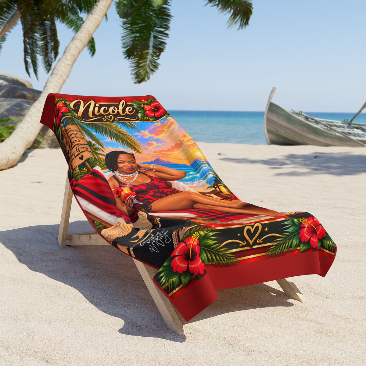 Personalized Hawaiian Beach Towel — Tropical Sunset Luau Design with Name (Nicole)