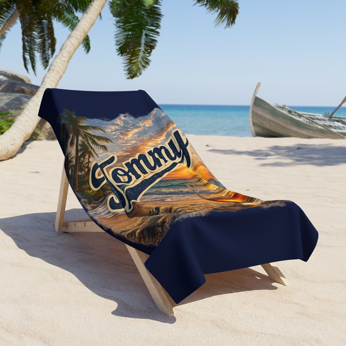 Tommy Personalized Sunset Beach Towel – Tropical Palm & Anchor Design