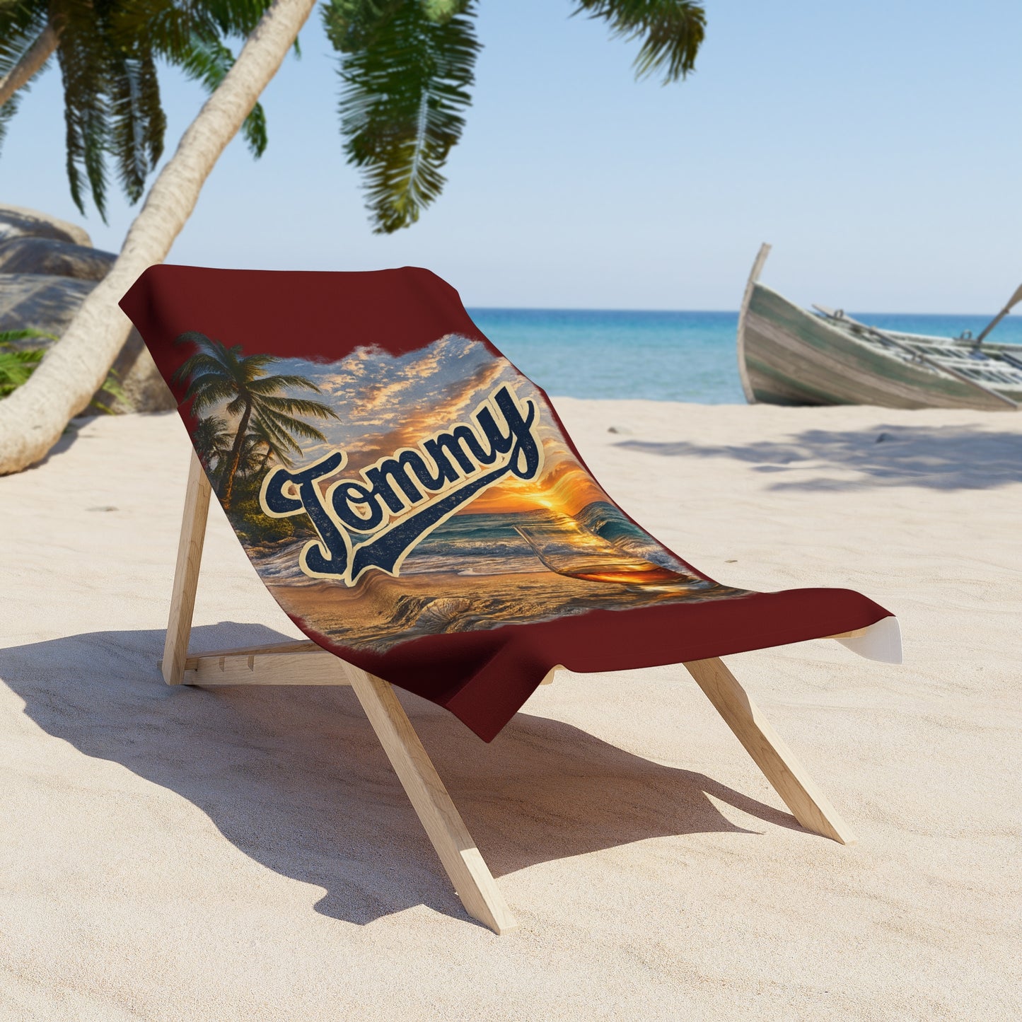 Tommy Personalized Sunset Beach Towel – Tropical Palm & Anchor Design