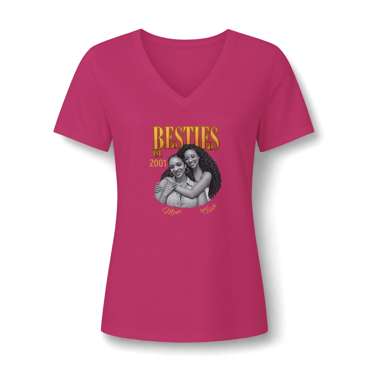 Personalized “Besties Since” V-Neck T-Shirt With Names, Photos and Year