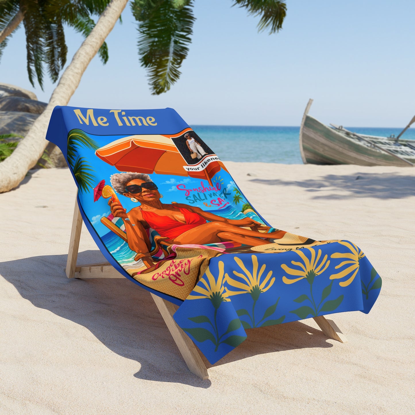 Me Time Beach Towel — Relaxing Retro Beach Scene with 'Me Time' Text
