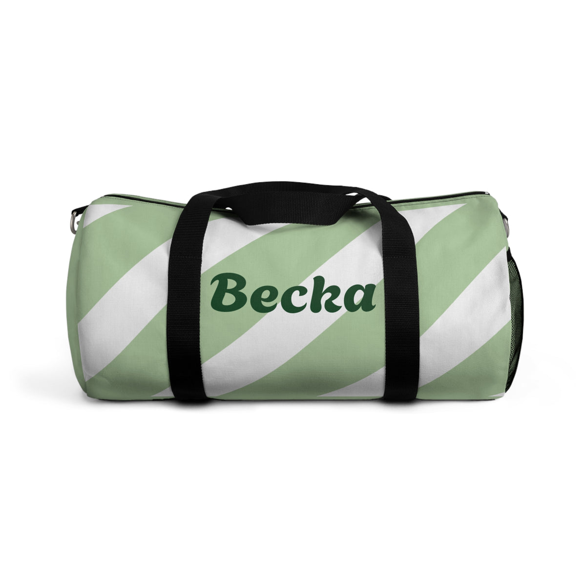 Personalized Green Stripe Duffel Bag — Custom Name "Becka"