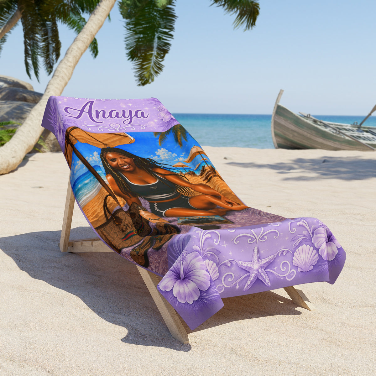 Personalized Purple Beach Towel — Tropical Portrait with Name