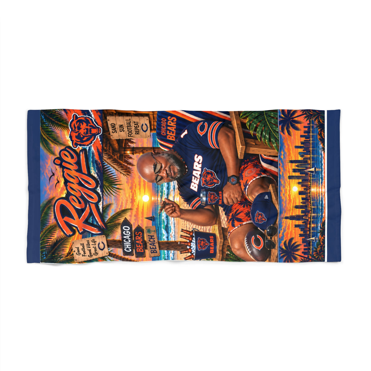 Copy of Copy of Personalized 'Reggie' Sunset Beach Towel — Miami Skyline, Palm Vibes & 'Higher Thoughts' Quote
