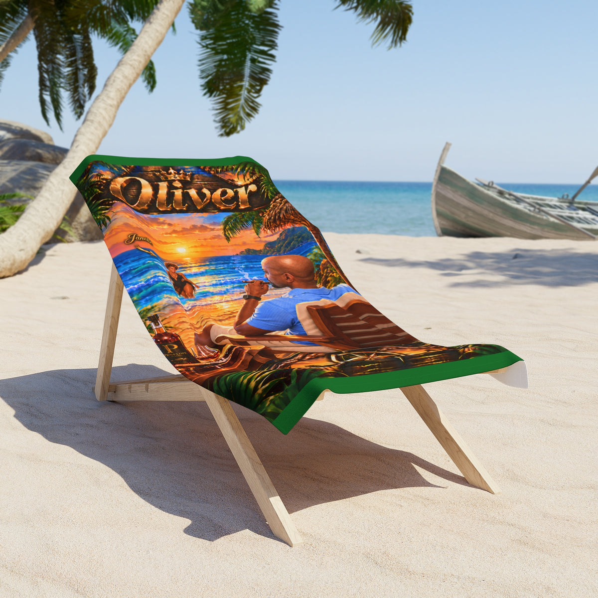 Beach Towel - Personalized Tropical Sunset Design (Name: Oliver)