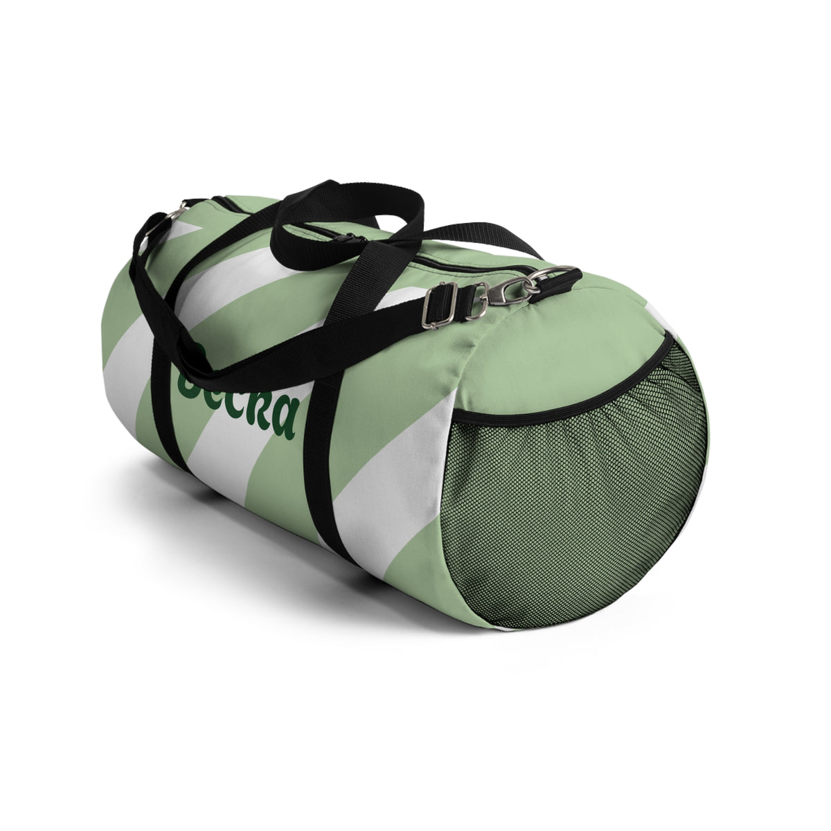 Personalized Green Stripe Duffel Bag — Custom Name "Becka"
