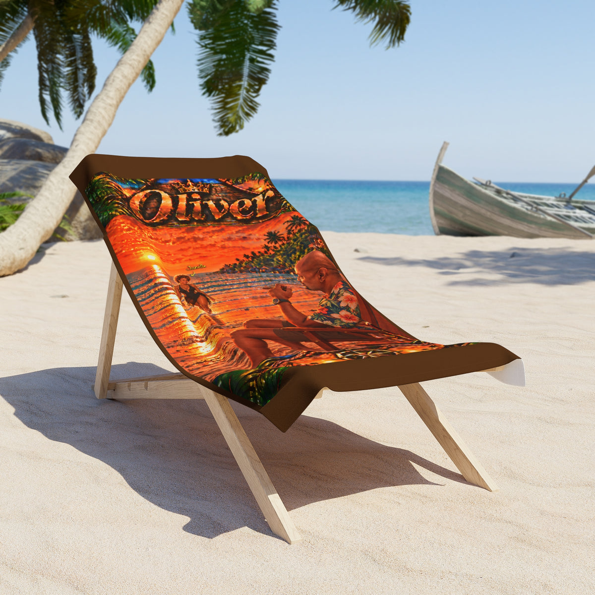 Beach Towel — Personalized Tropical Sunset Design (Name: Oliver)
