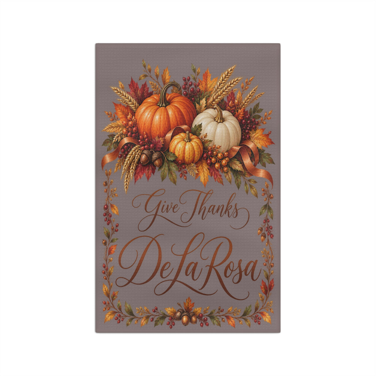 Give Thanks "Family Name" Thanksgiving Pumpkin Microfiber Tea Towel