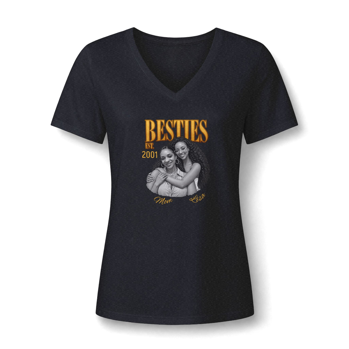 Personalized “Besties Since” V-Neck T-Shirt With Names, Photos and Year
