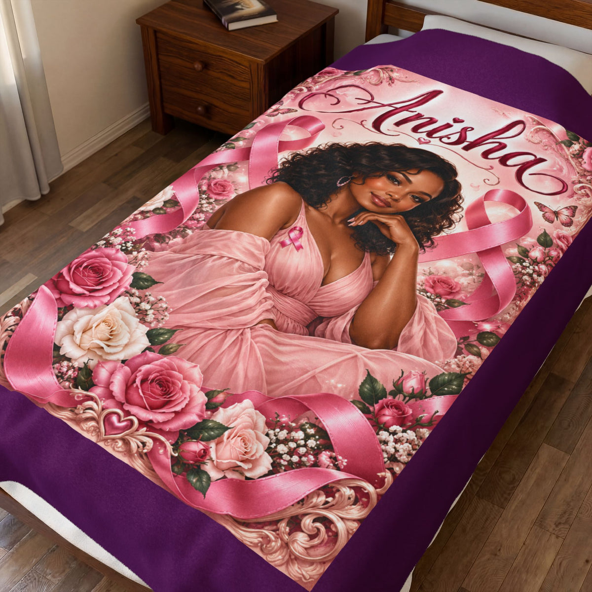 Personalized Breast Cancer Awareness Velveteen Plush Blanket — 'Anisha' Pink Ribbon Design