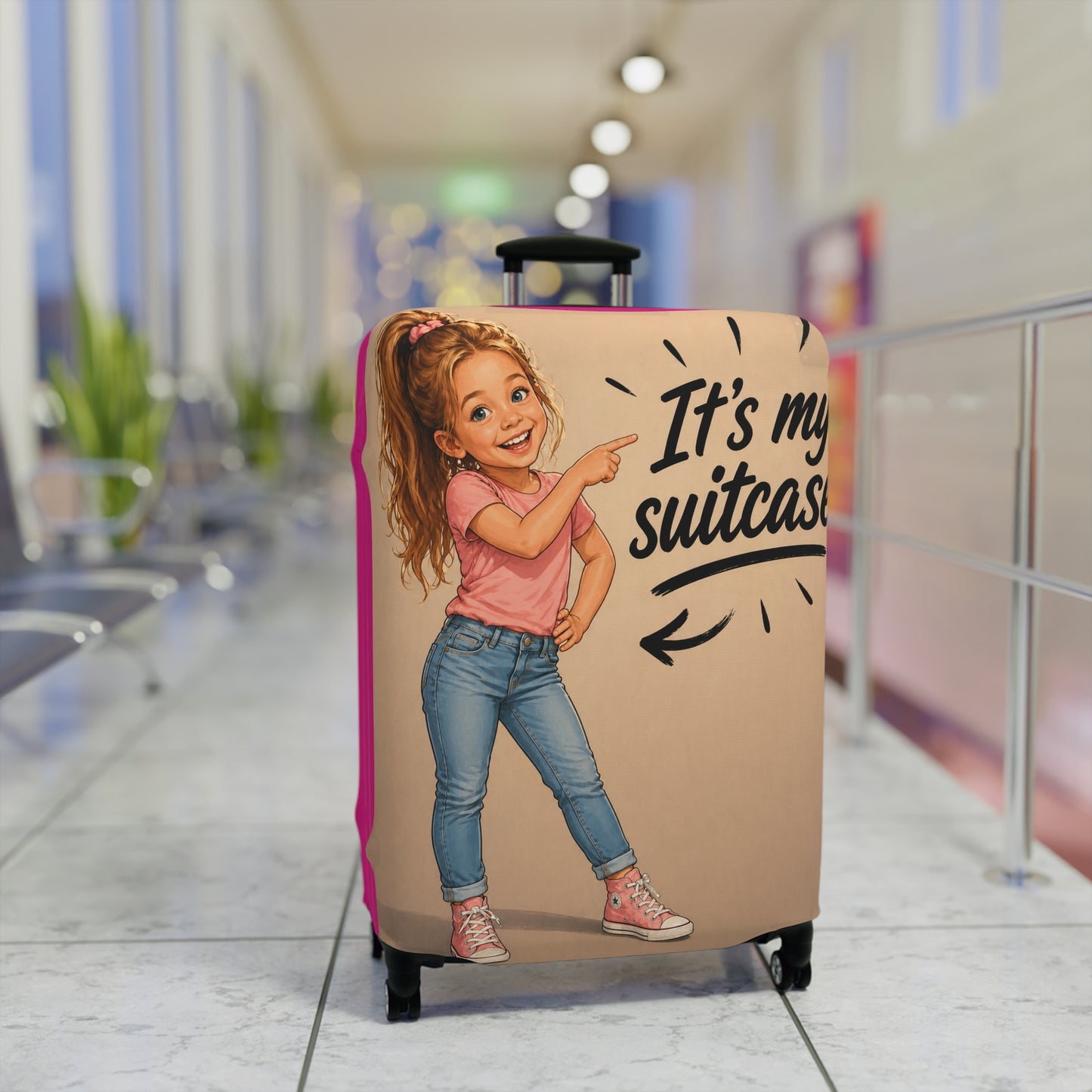 Personalized Child's Luggage Cover — Pink, Your likeness  "It's My Suitcase" Kids Travel Protector
