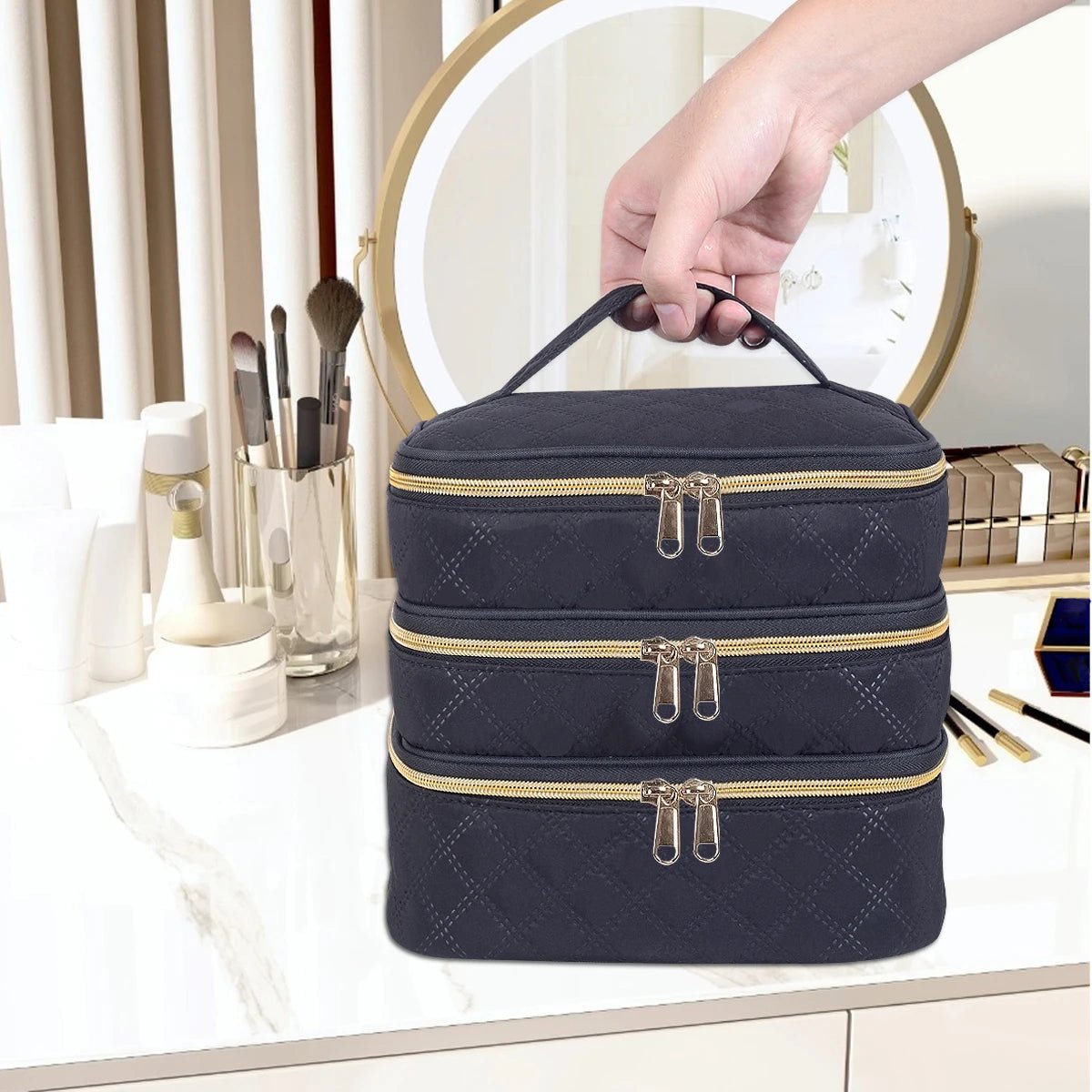 3 - Layer Large Quilted Makeup Bag Organizer with Handles - Buy One Get One Free🔥 - BeeBeeBuys
