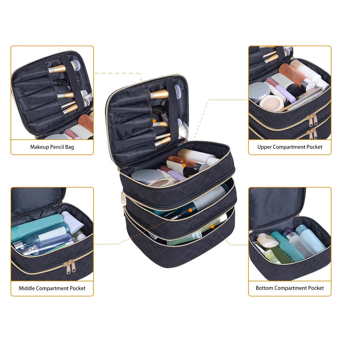 3 - Layer Large Quilted Makeup Bag Organizer with Handles - Buy One Get One Free🔥 - BeeBeeBuys