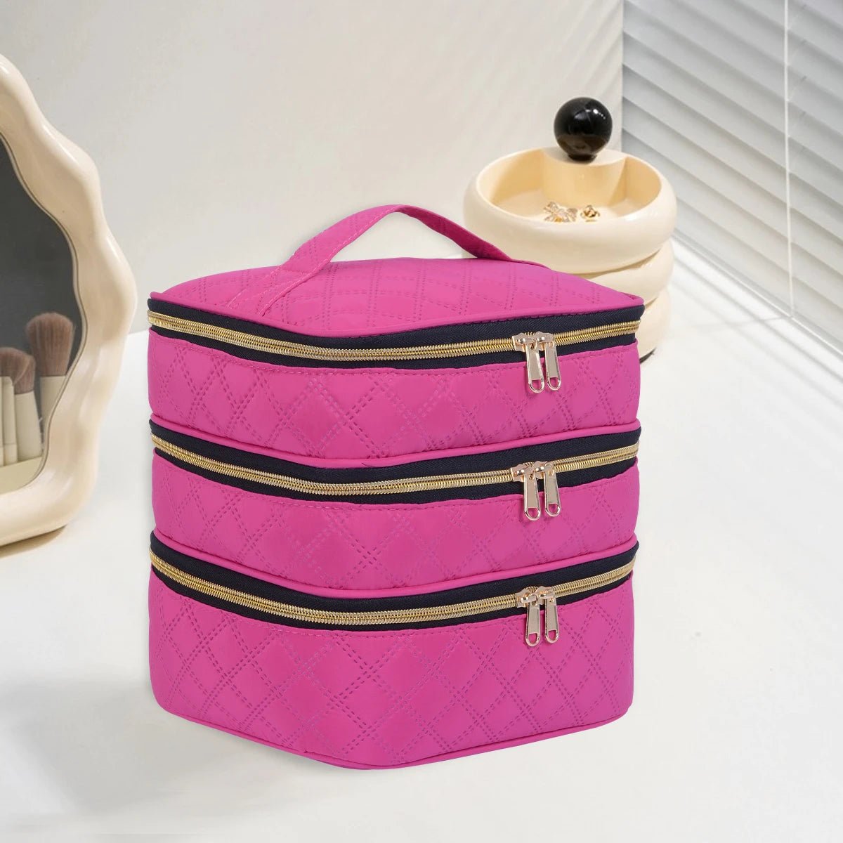 3 - Layer Large Quilted Makeup Bag Organizer with Handles - Buy One Get One Free🔥 - BeeBeeBuys