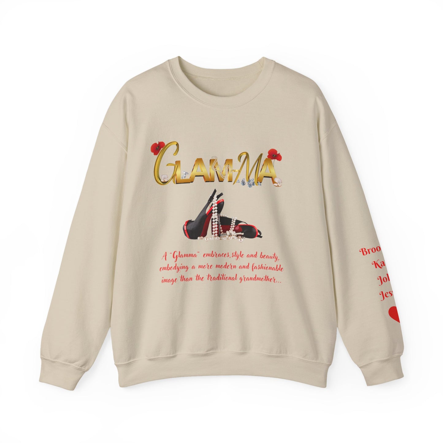 Glamma Graphic Sweatshirt – 'GLAMMA' Gold Script with Heels & Red Heart Sleeve Design