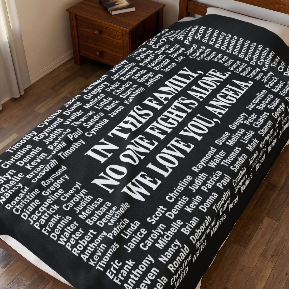 Personalized Memorial Family Names Throw -  (“In This Family No One Fights Alone, We Love You, Angel”)
