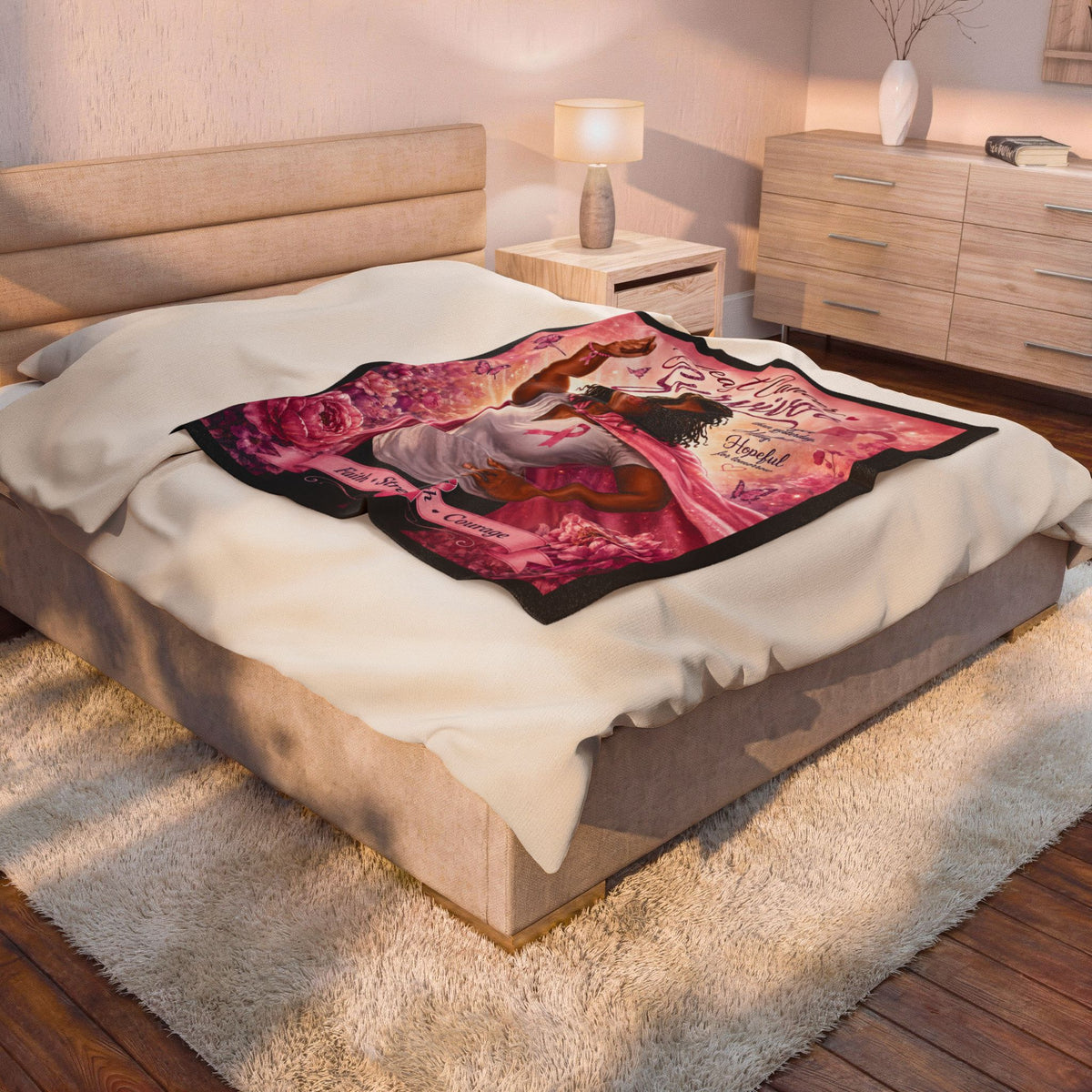 Breast Cancer Survivor Velveteen Plush Blanket – Faith Strength Courage Tribute