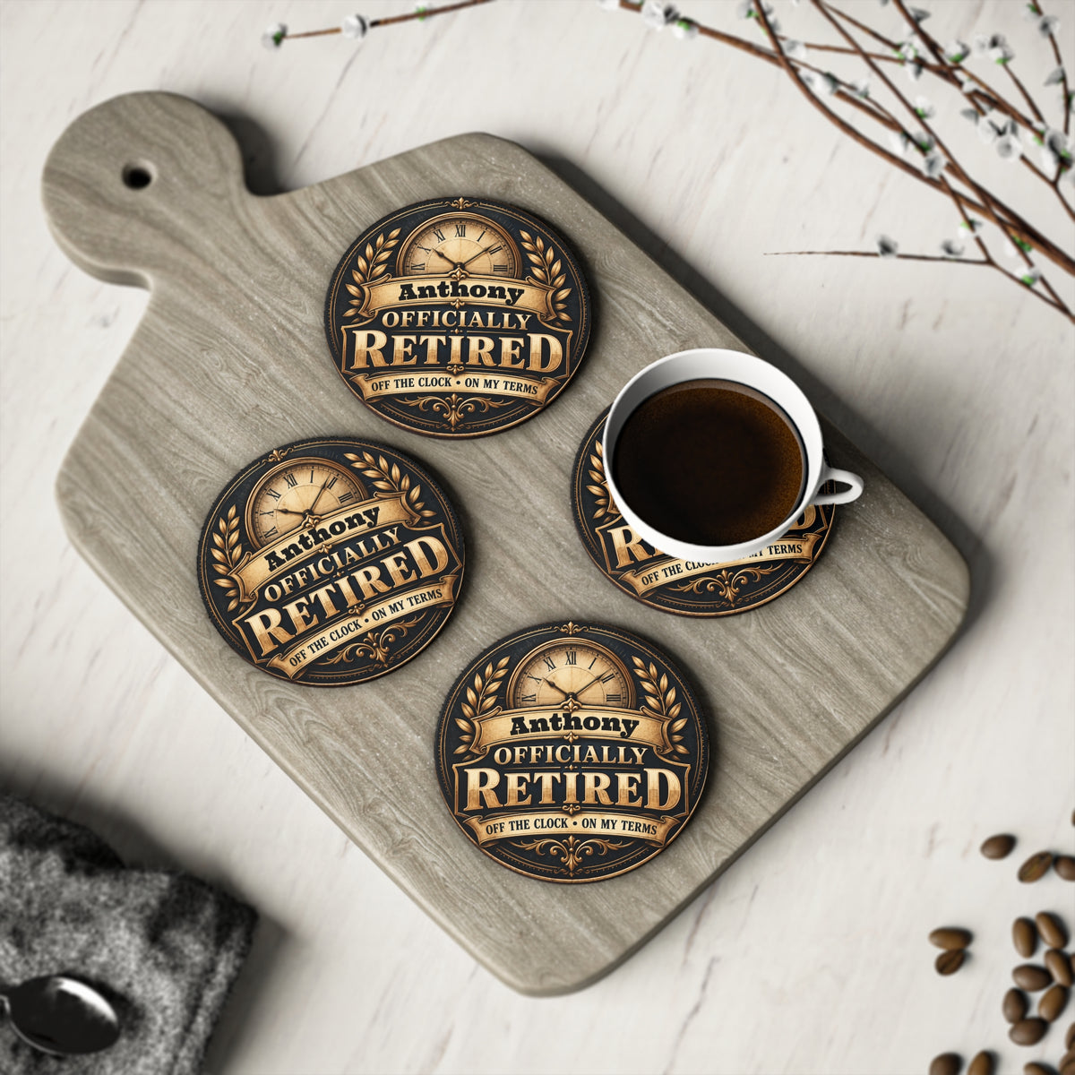 Anthony Officially Retired Coaster – Retirement Gift for Dad, Husband or Coworker