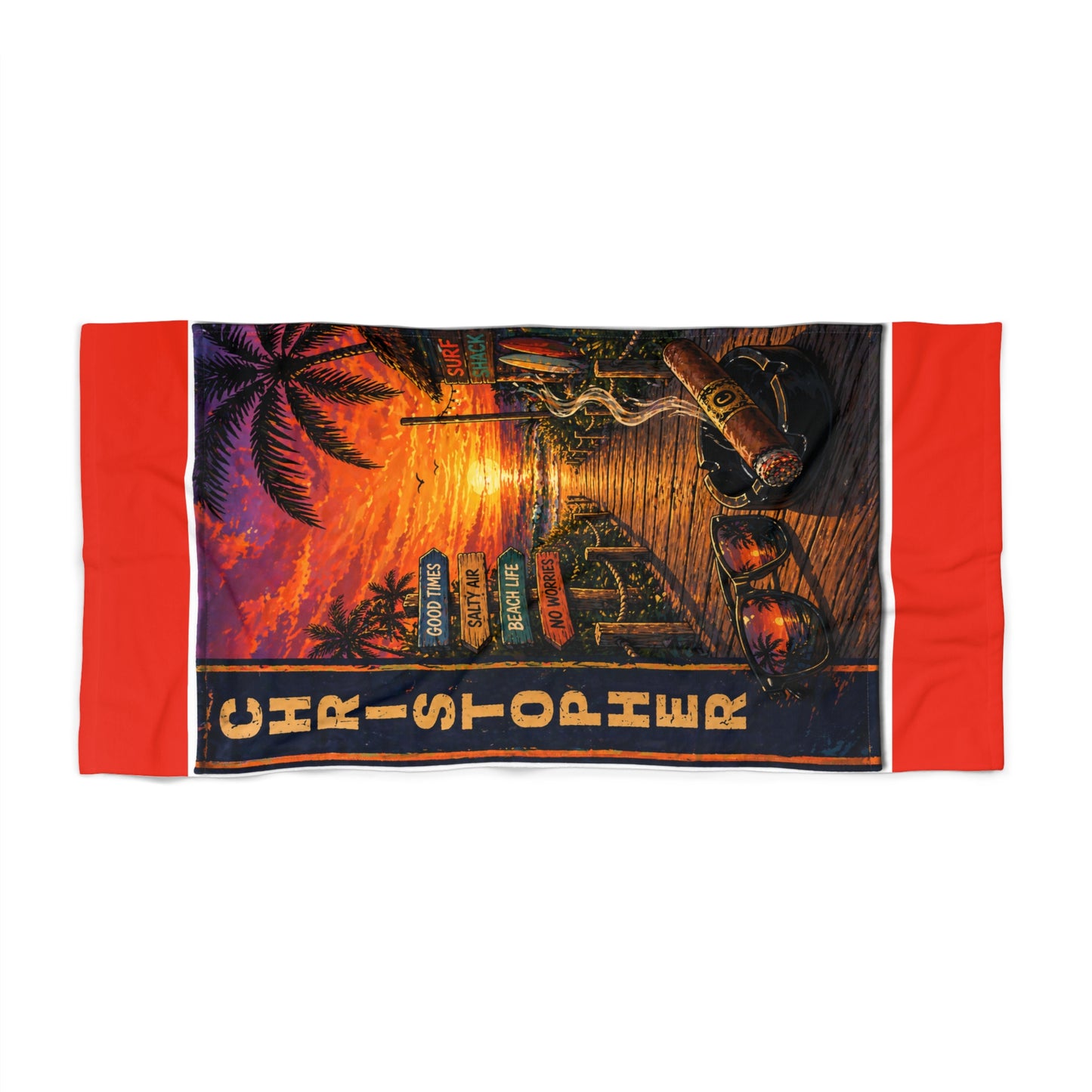 Personalized Beach Towel for HIM— Retro Tropical Shell & Palm Design