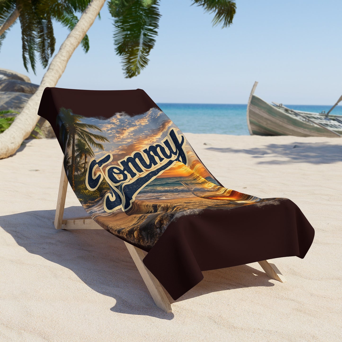 Tommy Personalized Sunset Beach Towel – Tropical Palm & Anchor Design