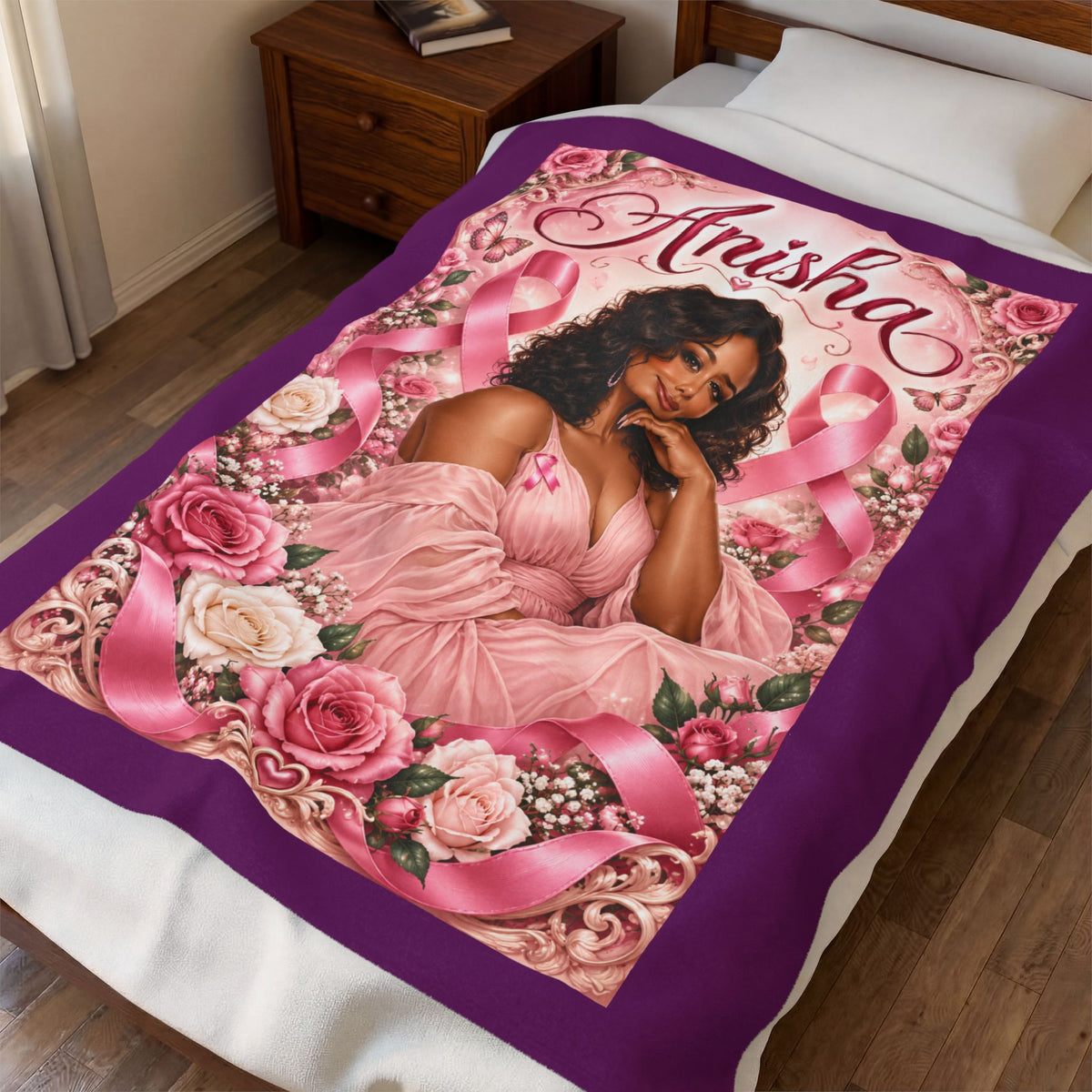 Personalized Breast Cancer Awareness Velveteen Plush Blanket — 'Anisha' Pink Ribbon Design