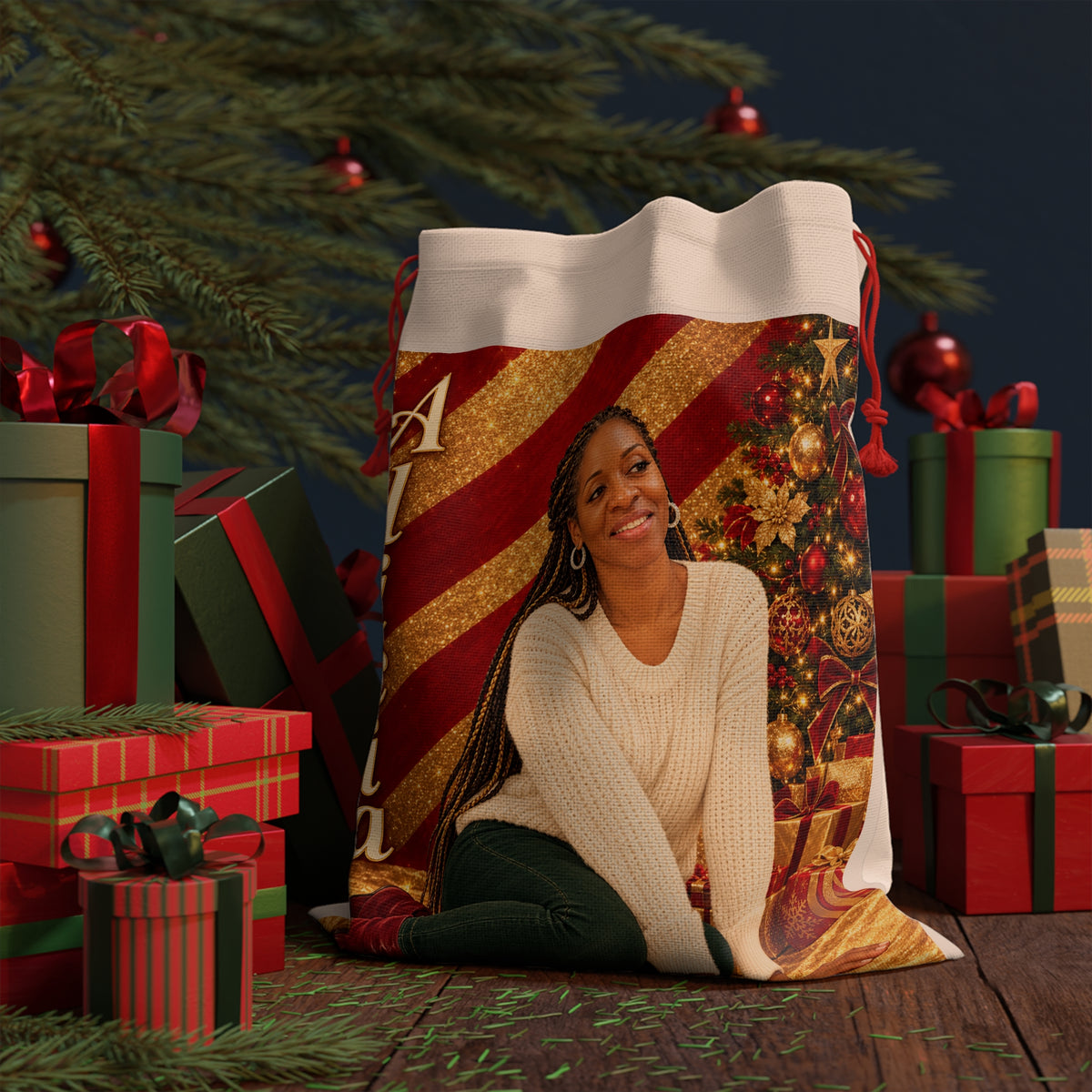 Personalized Christmas Gift Bag with Animated Likeness & Name – Custom Santa Sack for Family Holiday Gifts