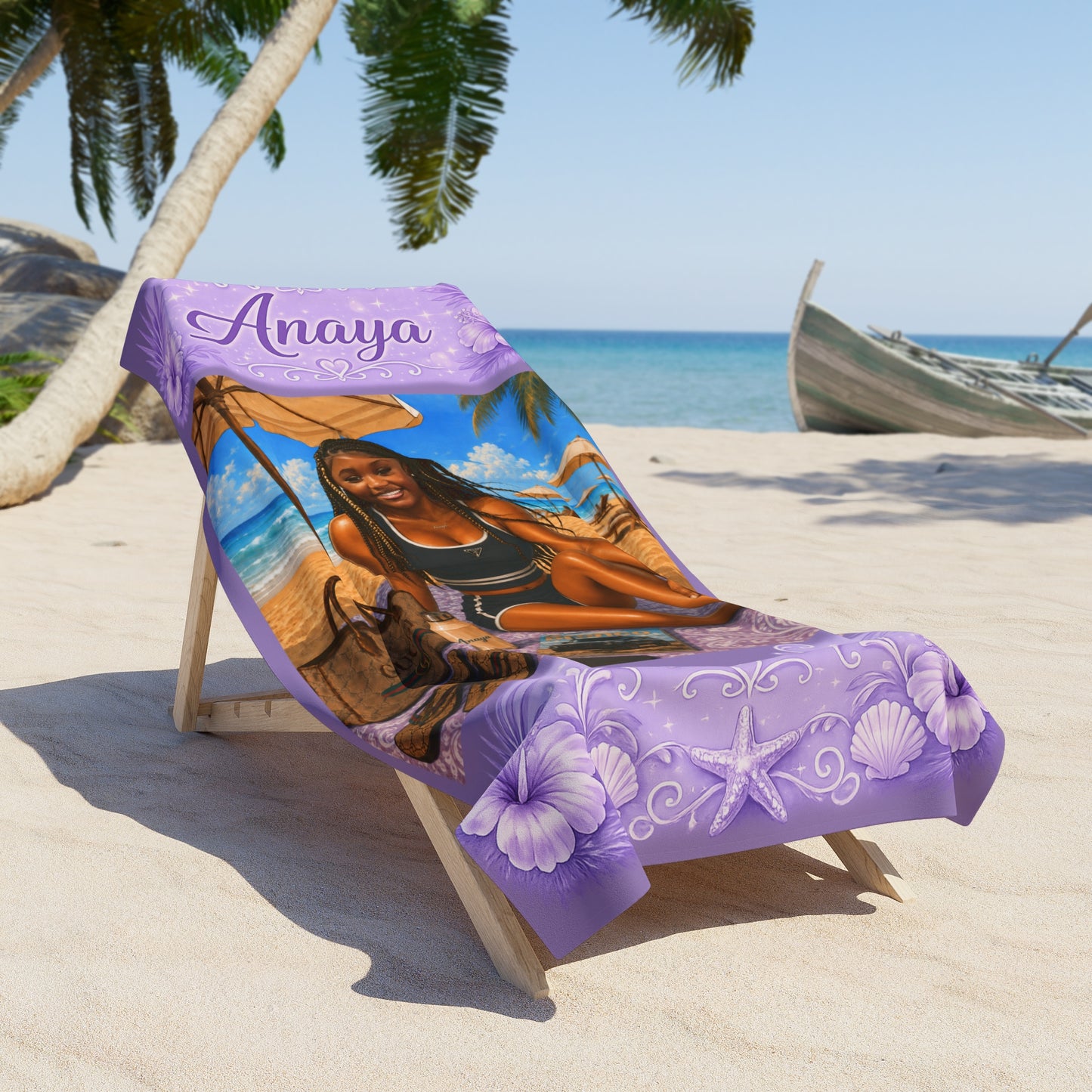 Personalized Purple Beach Towel — Tropical Portrait with Name