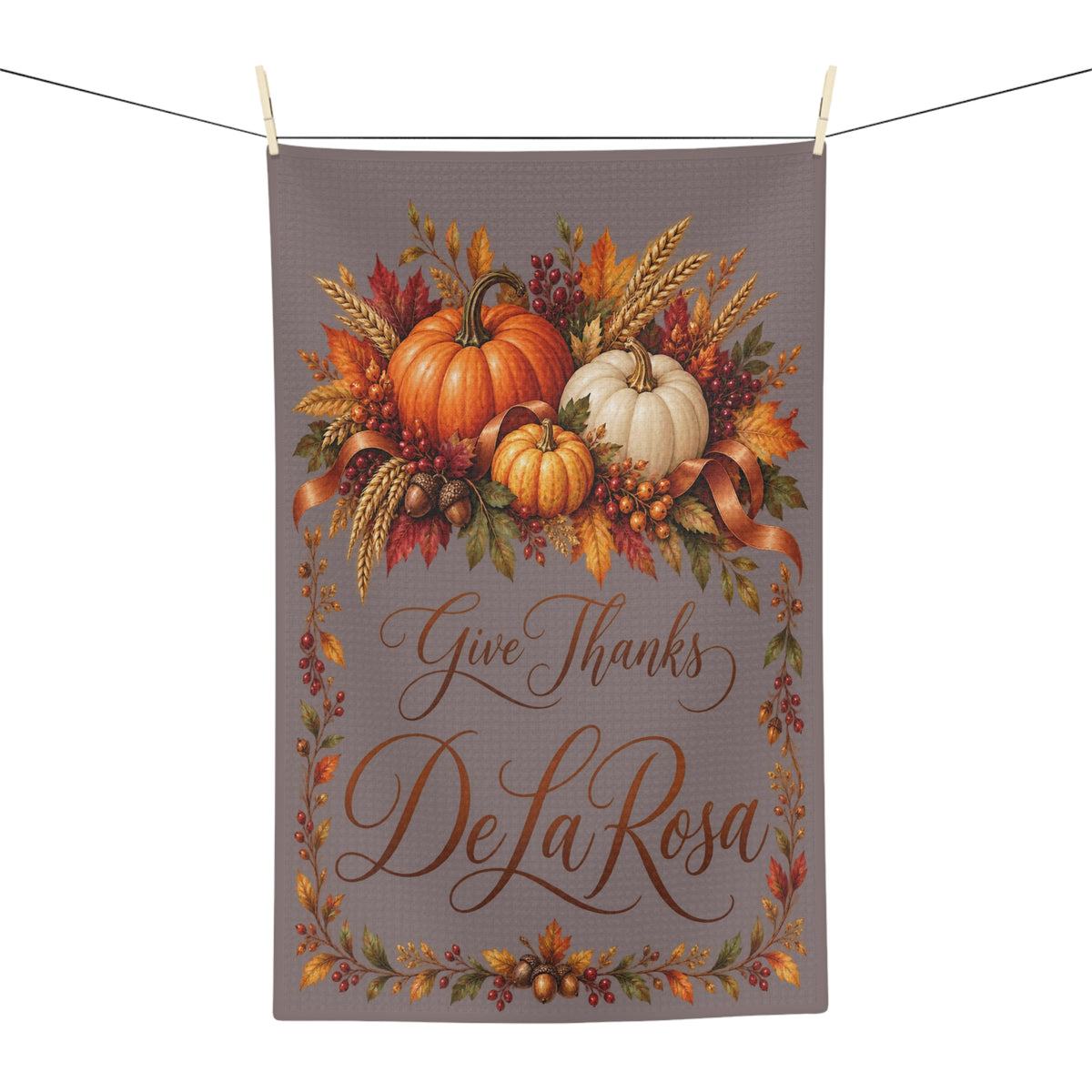 Give Thanks "Family Name" Thanksgiving Pumpkin Microfiber Tea Towel