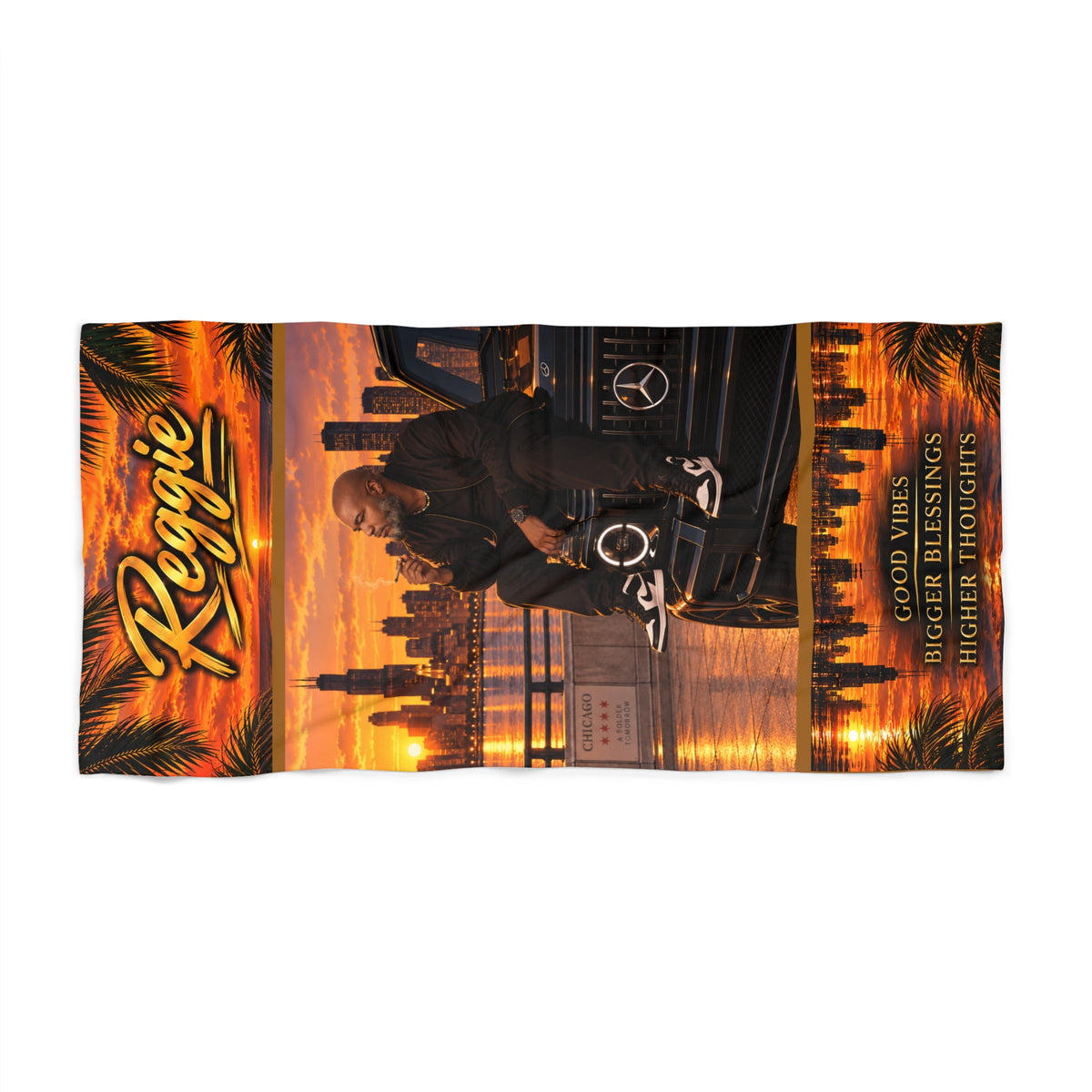 Personalized 'Reggie' Sunset Beach Towel — Miami Skyline, Palm Vibes & 'Higher Thoughts' Quote