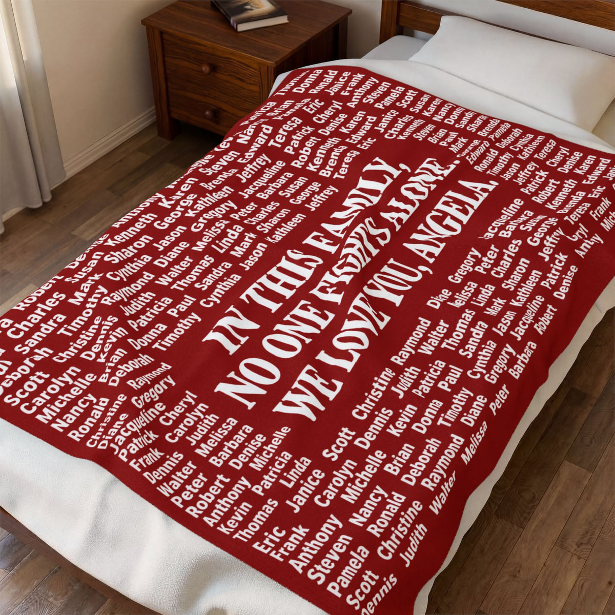 Personalized Memorial Family Names Throw -  (“In This Family No One Fights Alone, We Love You, Angel”)