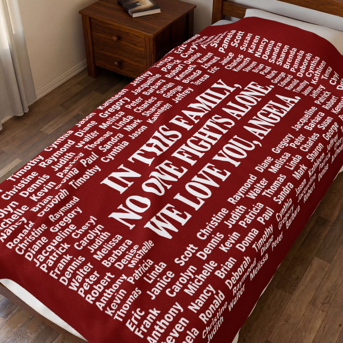 Copy of Velveteen Plush Blanket — Memorial Family Names Throw (“In This Family No One Fights Alone, We Love You, Angel”)