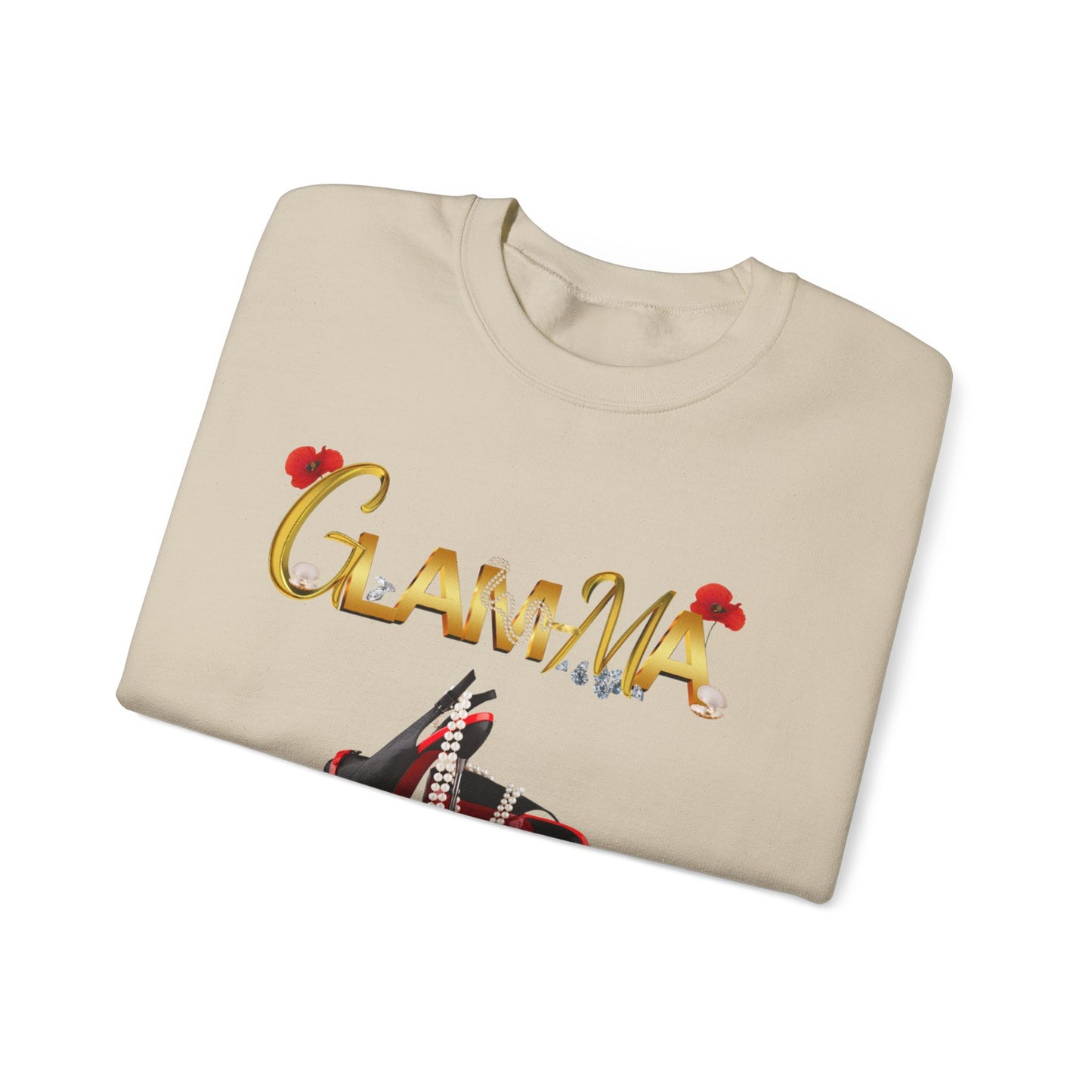 Glamma Graphic Sweatshirt – 'GLAMMA' Gold Script with Heels & Red Heart Sleeve Design