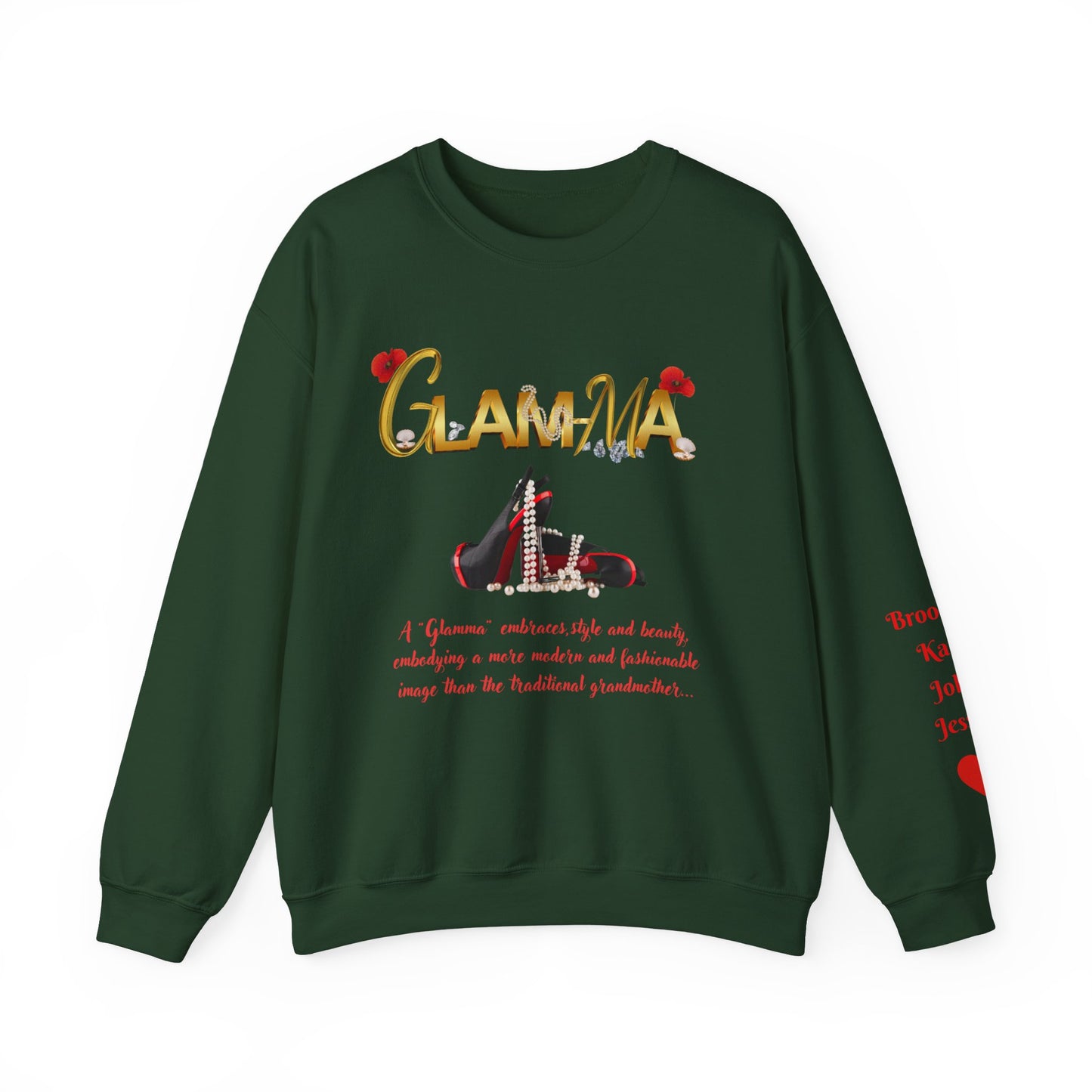 Glamma Graphic Sweatshirt – 'GLAMMA' Gold Script with Heels & Red Heart Sleeve Design