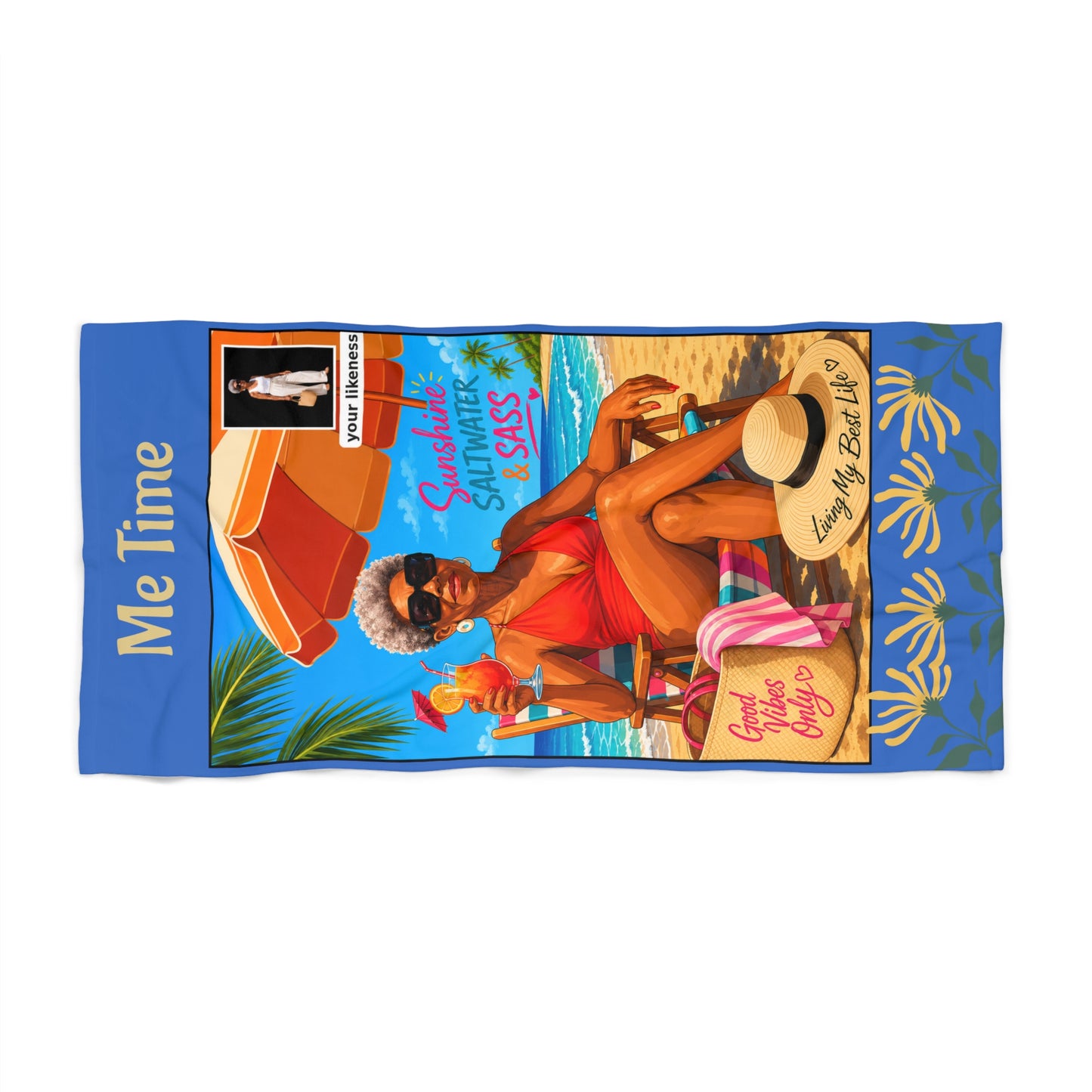 Me Time Beach Towel — Relaxing Retro Beach Scene with 'Me Time' Text