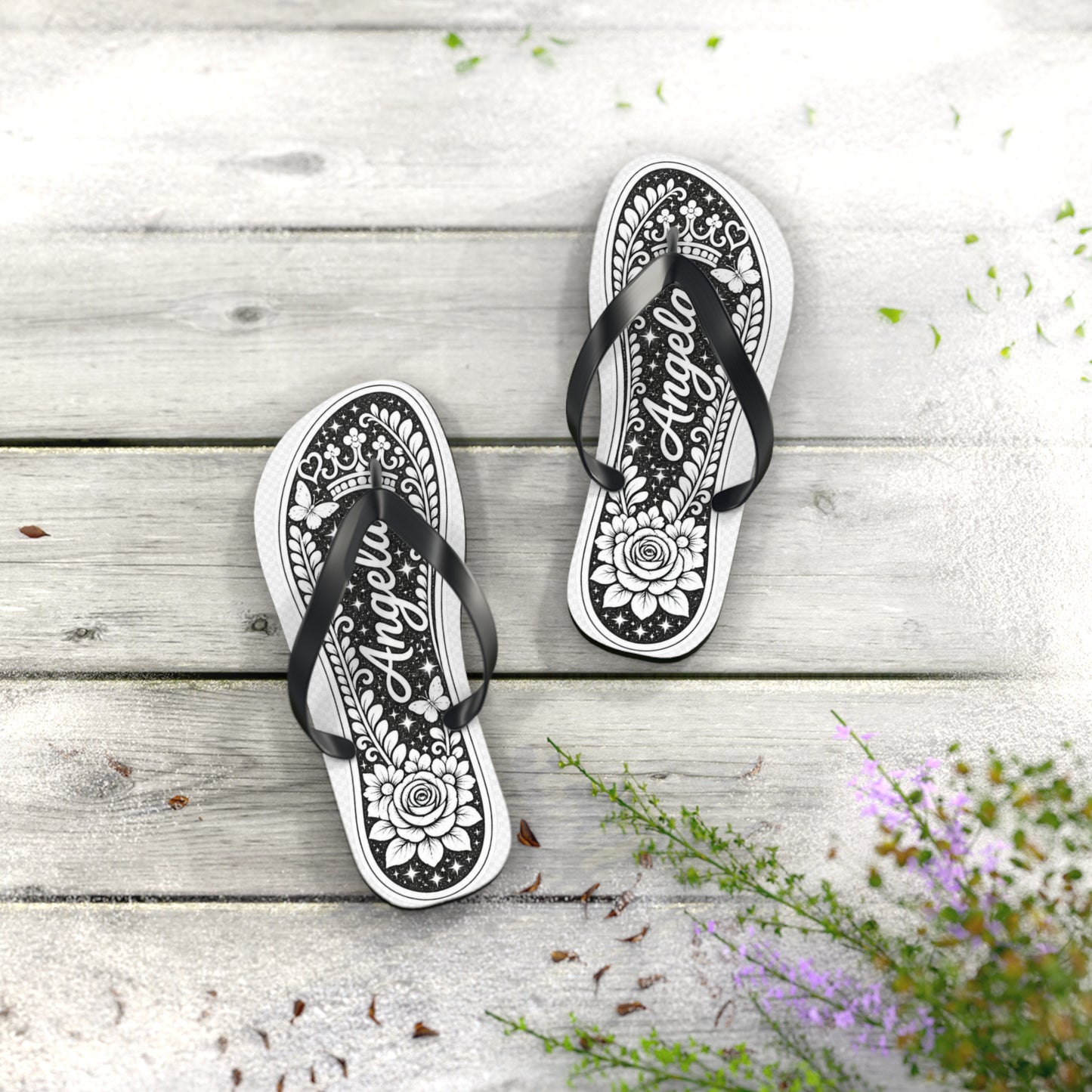 Personalized Colorful Floral Flip Flops – Custom Name  Beach Sandals - white