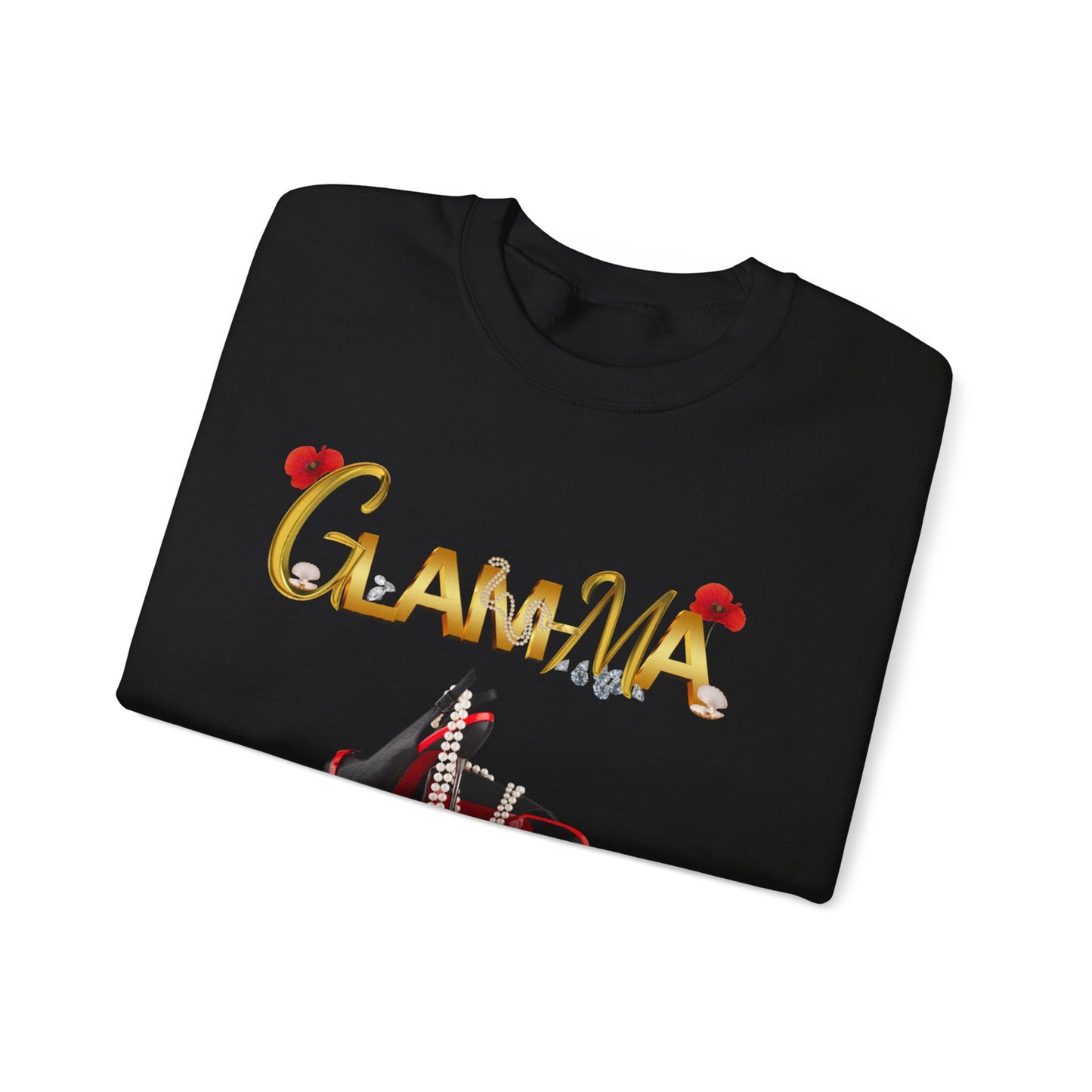 Glamma Graphic Sweatshirt – 'GLAMMA' Gold Script with Heels & Red Heart Sleeve Design